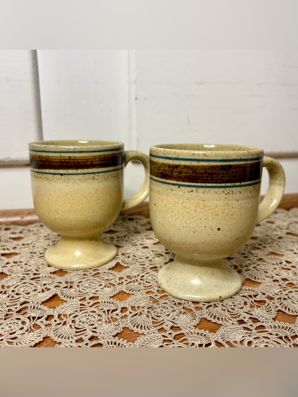 Vintage Mid Century Cream Brown Striped Stoneware Pedestal Mugs Set of Two